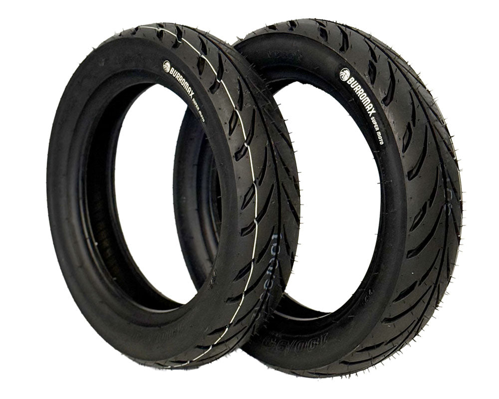 Burromax Wheel Assembly, 12" Front And Rear, Supermoto 100/90-12 Tire, 12x2.5 Radial 12 Spoke Wheel, Silver, Set of 2 (Part #10087) Fits XRA, HRH, HRS with Extended Swing Arms
