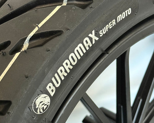 Burromax Wheel Assembly, 12" Front And Rear, Supermoto 100/90-12 Tire, 12x2.5 Radial 12 Spoke Wheel, Black, Set of 2 (Part #10089) Fits XRA, HRH, HRS with Extended Swing Arms Burromax