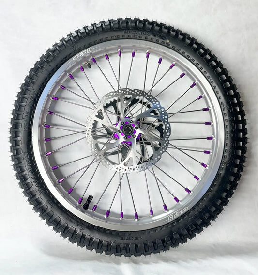 Warp 9 E Ride Pro Front & Rear 21" / 18" Wheel Set Silver Rim & Spokes, Purple Hub & Nipples W/ Titanium and Tire Complete Warp 9 Racing