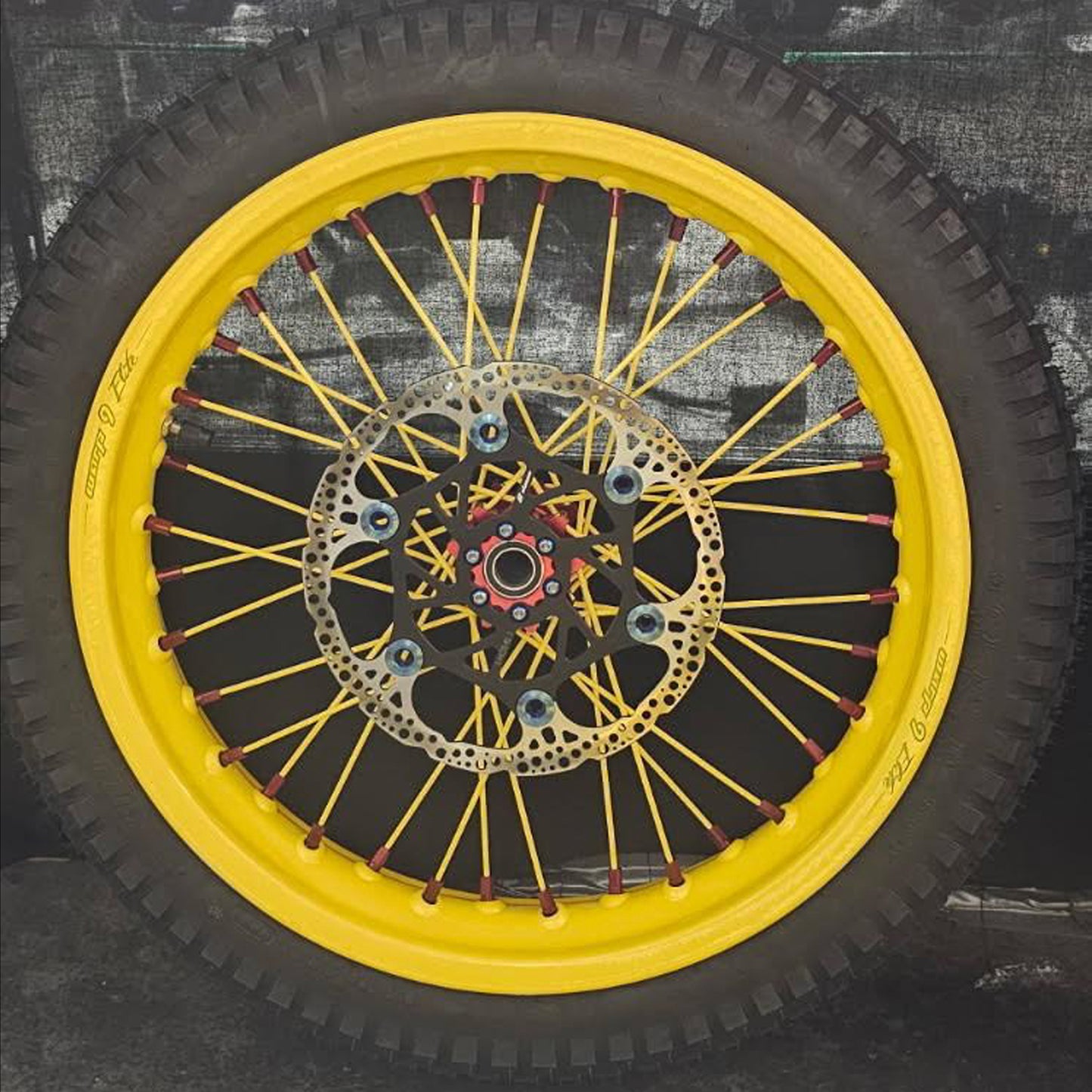 Warp 9 E Ride Pro Front & Rear Wheel 17 x 2.50 Red Hub and Nipples, Yellow Rim & Spokes Custom Complete w/ Tires and Titanium Bolts