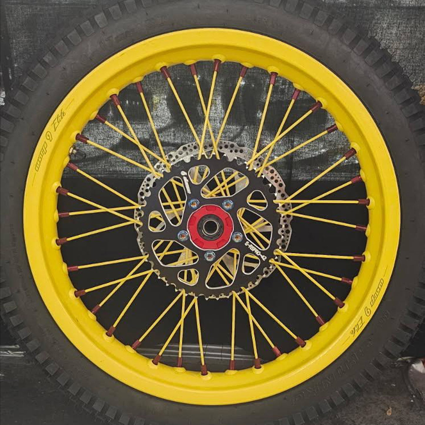 Warp 9 E Ride Pro Front & Rear Wheel 17 x 2.50 Red Hub and Nipples, Yellow Rim & Spokes Custom Complete w/ Tires and Titanium Bolts