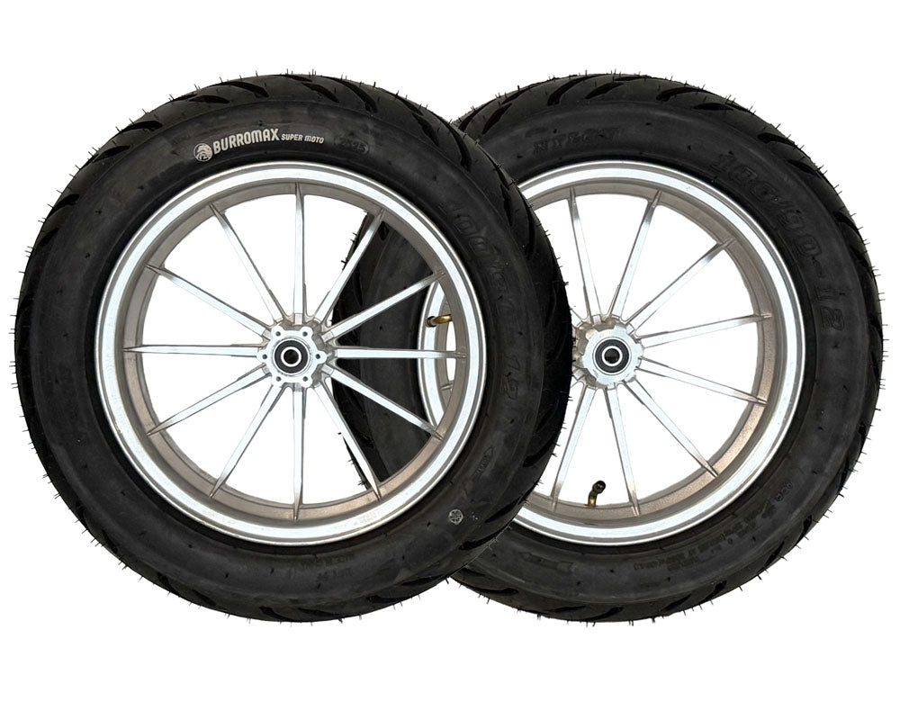 Burromax Wheel Assembly, 12" Front And Rear, Supermoto 100/90-12 Tire, 12x2.5 Radial 12 Spoke Wheel, Silver, Set of 2 (Part #10087) Fits XRA, HRH, HRS with Extended Swing Arms Burromax
