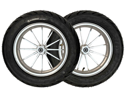 Burromax Wheel Assembly, 12" Front And Rear, Supermoto 100/90-12 Tire, 12x2.5 Radial 12 Spoke Wheel, Silver, Set of 2 (Part #10087) Fits XRA, HRH, HRS with Extended Swing Arms