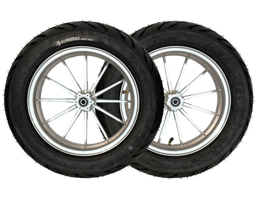 Burromax Wheel Assembly, 12" Front And Rear, Supermoto 100/90-12 Tire, 12x2.5 Radial 12 Spoke Wheel, Silver, Set of 2 (Part #10087) Fits XRA, HRH, HRS with Extended Swing Arms