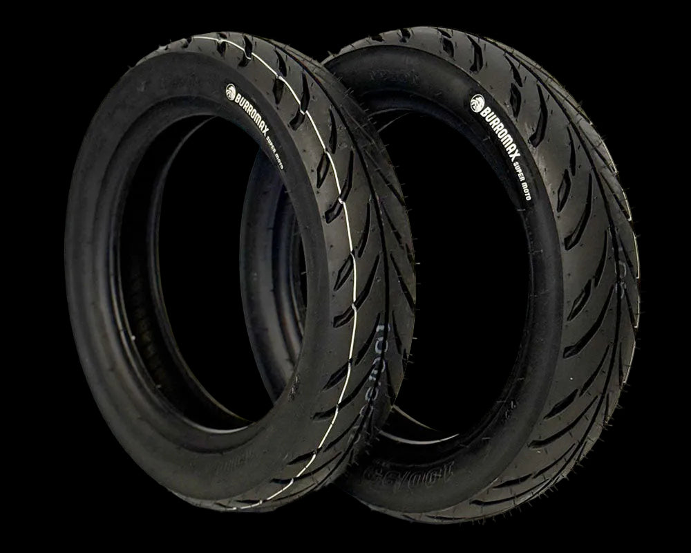 Burromax Wheel Assembly, 12" Front And Rear, Supermoto 100/90-12 Tire, 12x2.5 Radial 12 Spoke Wheel, Black, Set of 2 (Part #10089) Fits XRA, HRH, HRS with Extended Swing Arms Burromax