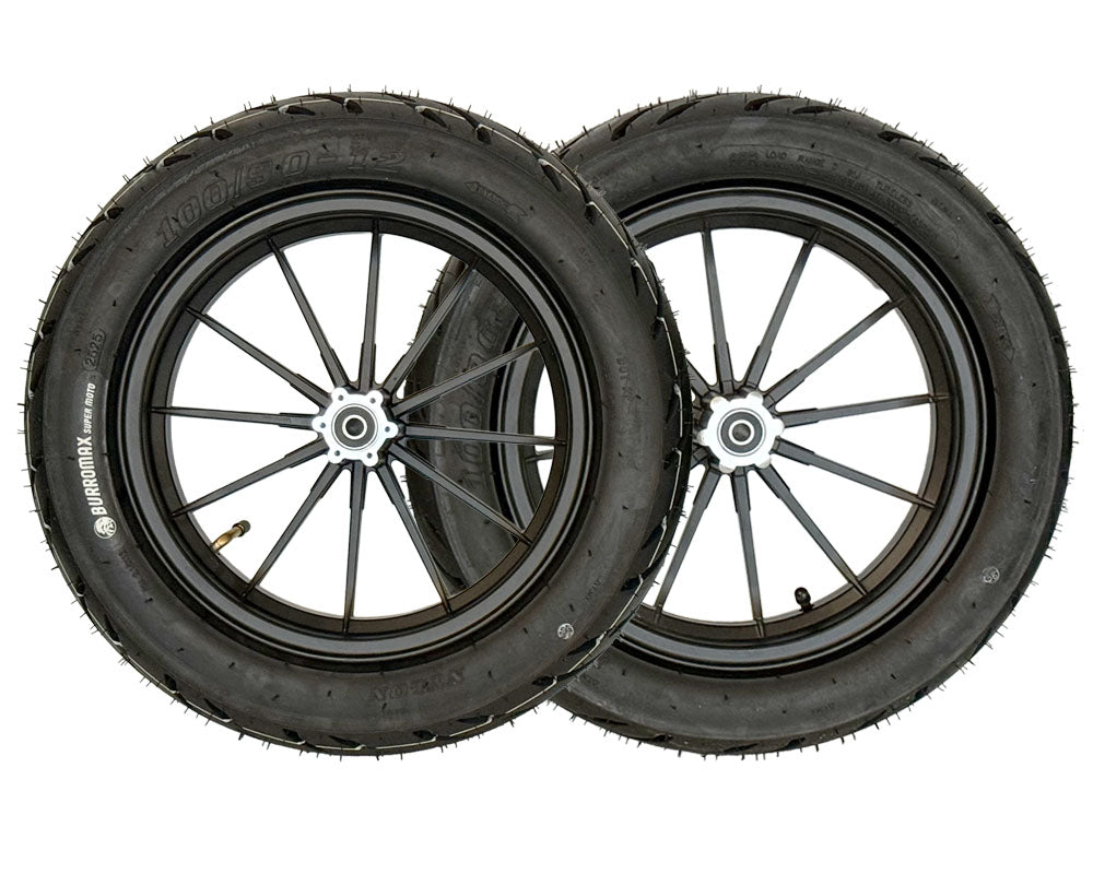 Burromax Wheel Assembly, 12" Front And Rear, Supermoto 100/90-12 Tire, 12x2.5 Radial 12 Spoke Wheel, Black, Set of 2 (Part #10089) Fits XRA, HRH, HRS with Extended Swing Arms