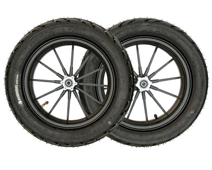 Burromax Wheel Assembly, 12" Front And Rear, Supermoto 100/90-12 Tire, 12x2.5 Radial 12 Spoke Wheel, Black, Set of 2 (Part #10089) Fits XRA, HRH, HRS with Extended Swing Arms
