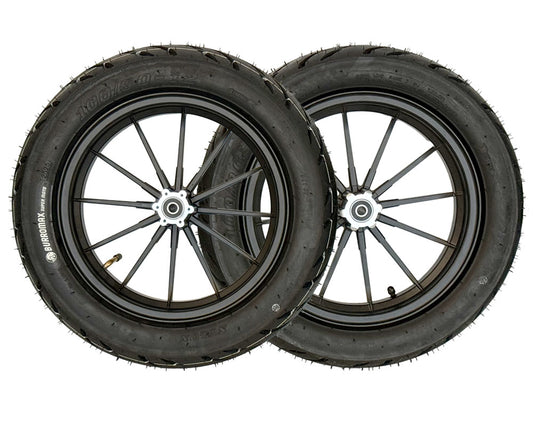 Burromax Wheel Assembly, 12" Front And Rear, Supermoto 100/90-12 Tire, 12x2.5 Radial 12 Spoke Wheel, Black, Set of 2 (Part #10089) Fits XRA, HRH, HRS with Extended Swing Arms