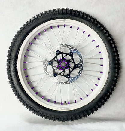 Warp 9 E Ride Pro Front 19 x 1.60 White Rim & Spokes, Purple Hub & Nipples W/ Titanium and Tire Complete Warp 9 Racing