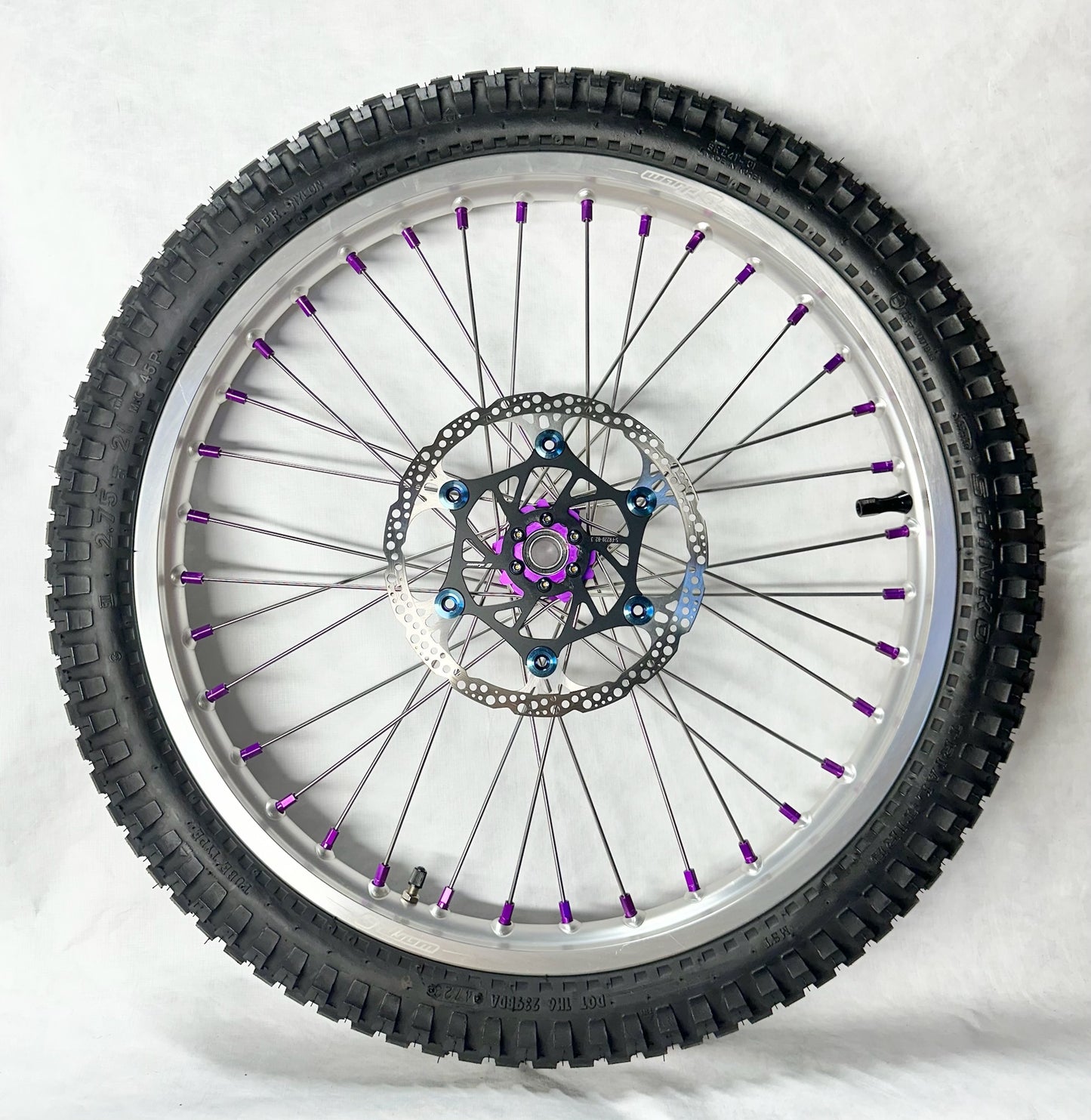 Warp 9 E Ride Pro Front & Rear 21" / 18" Wheel Set Silver Rim & Spokes, Purple Hub & Nipples W/ Titanium and Tire Complete
