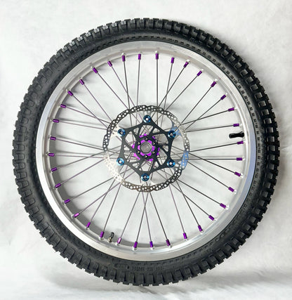 Warp 9 E Ride Pro Front & Rear 21" / 18" Wheel Set Silver Rim & Spokes, Purple Hub & Nipples W/ Titanium and Tire Complete