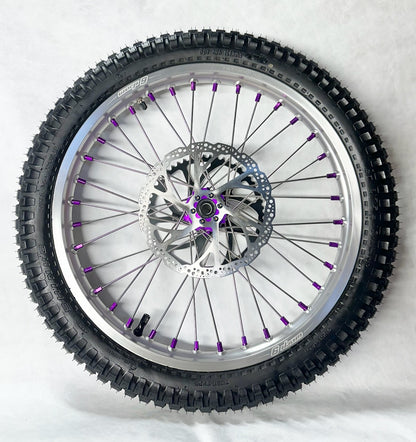 Warp 9 E Ride Pro Front & Rear 21" / 18" Wheel Set Silver Rim & Spokes, Purple Hub & Nipples W/ Titanium and Tire Complete