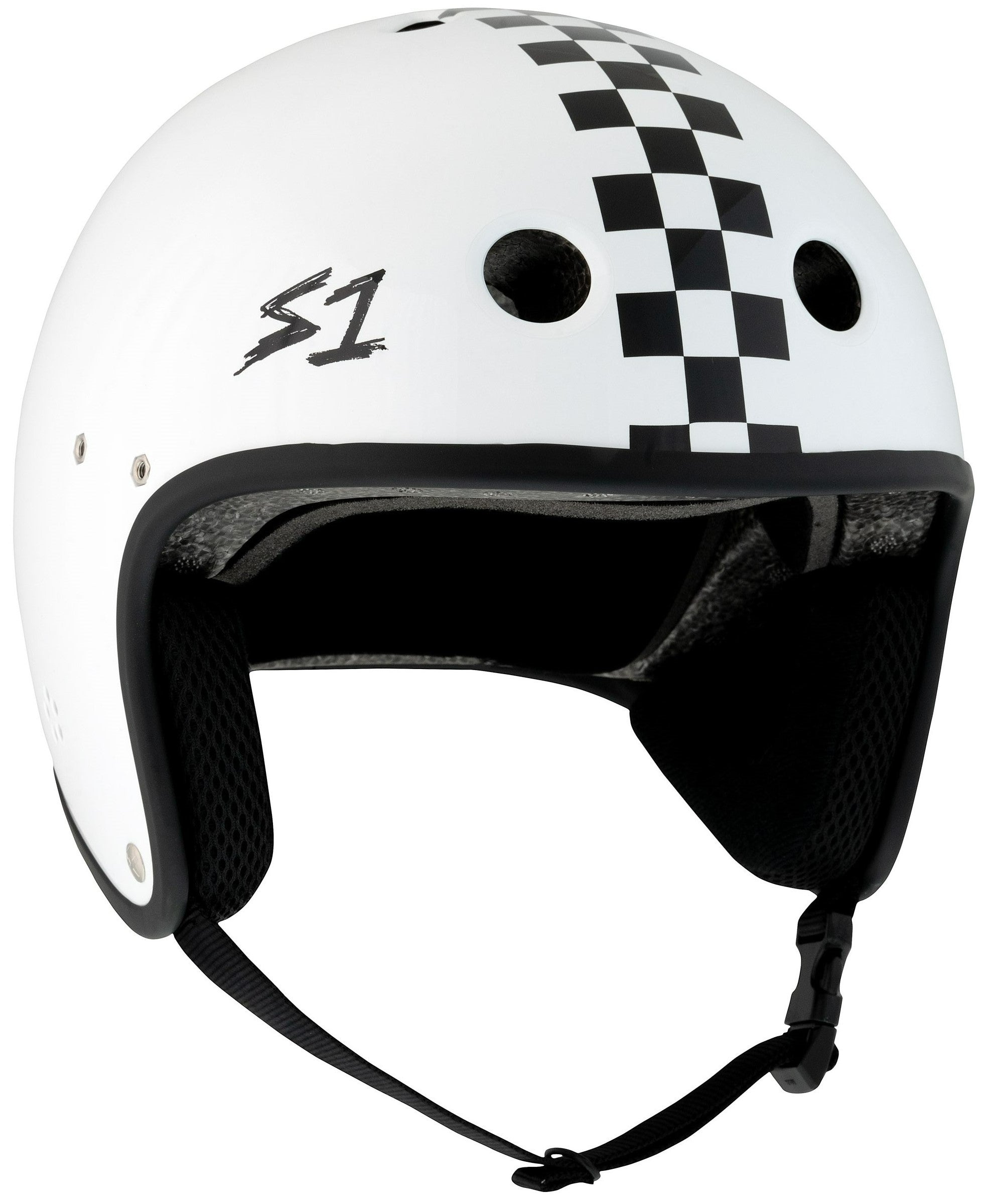 S1 Retro Lifer E-Helmet - White Gloss w/ Checkers