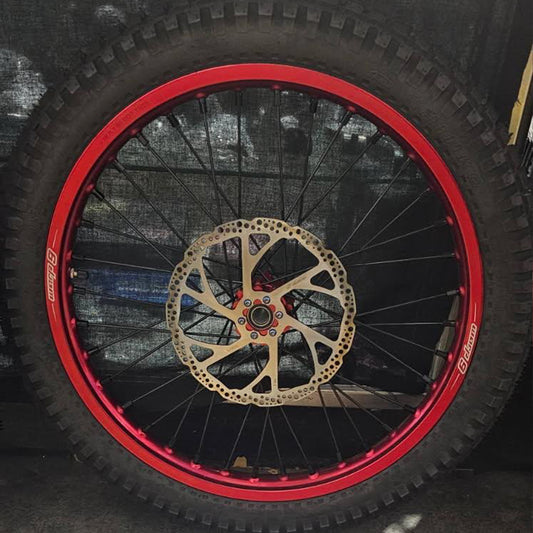 Warp 9 E Ride Pro Front and Rear Wheel 19" Red Rim, hub, Black spokes, nipples, Complete W/ Tire & Titanium