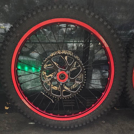 Warp 9 E Ride Pro Front and Rear Wheel 19" Red Rim, hub, Black spokes, nipples, Complete W/ Tire & Titanium