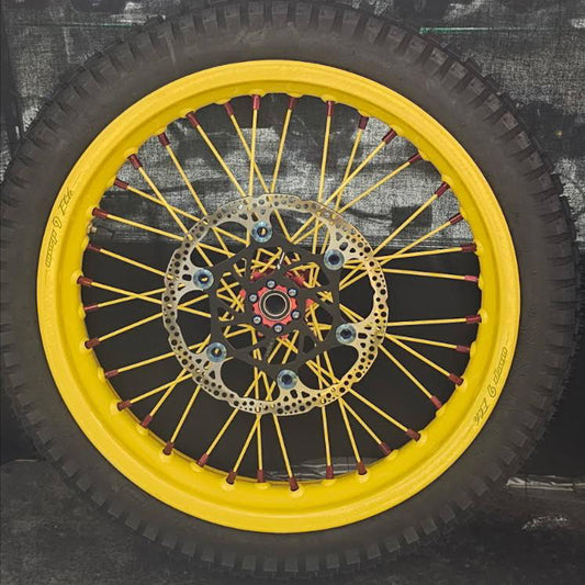 Warp 9 E Ride Pro Front & Rear Wheel 17 x 2.50 Red Hub and Nipples, Yellow Rim & Spokes Custom Complete w/ Tires and Titanium Bolts